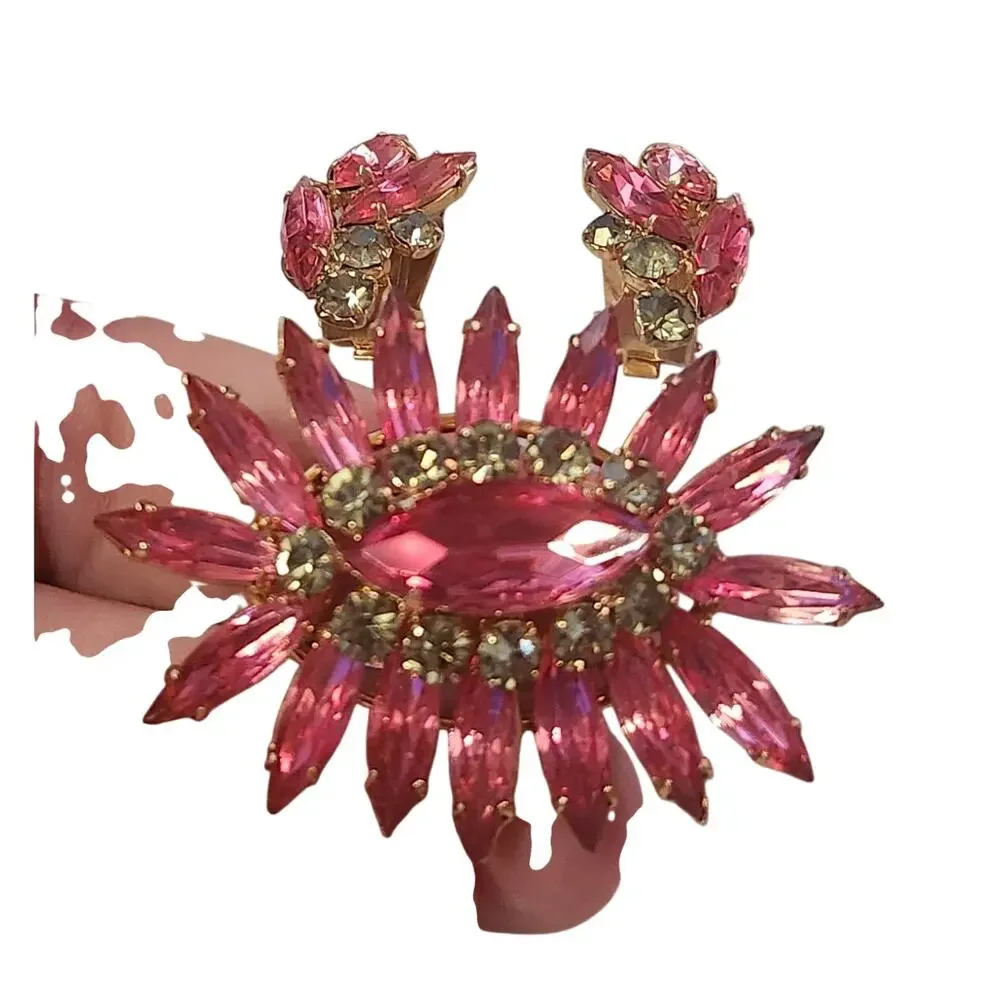 Vintage Austrian Pink Navette Rhinestone Demi Parure Brooch Clip Earrings